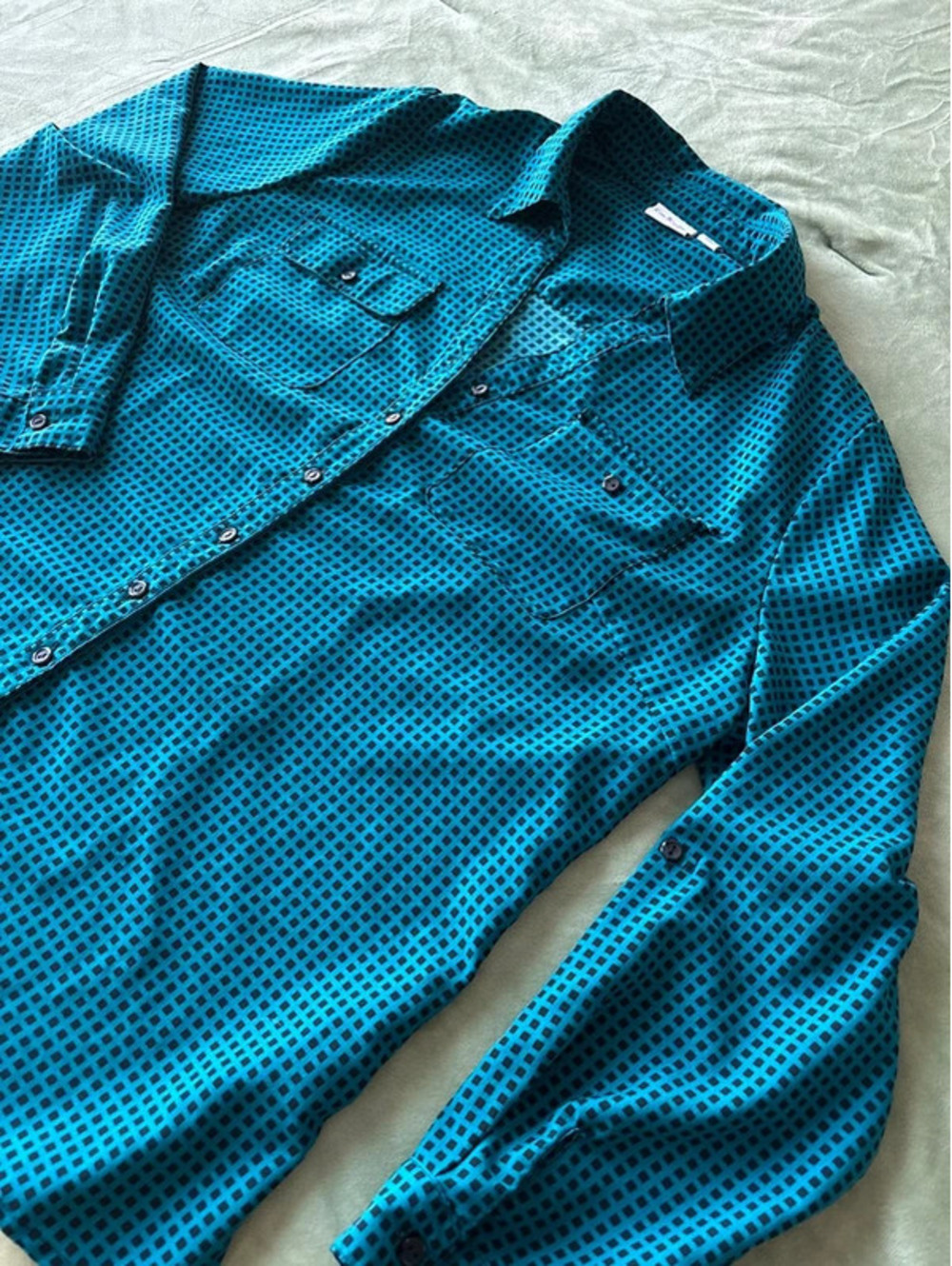 Kim Rogers Curvy Teal & Black Checkered Button-Down Shirt Women's 1X